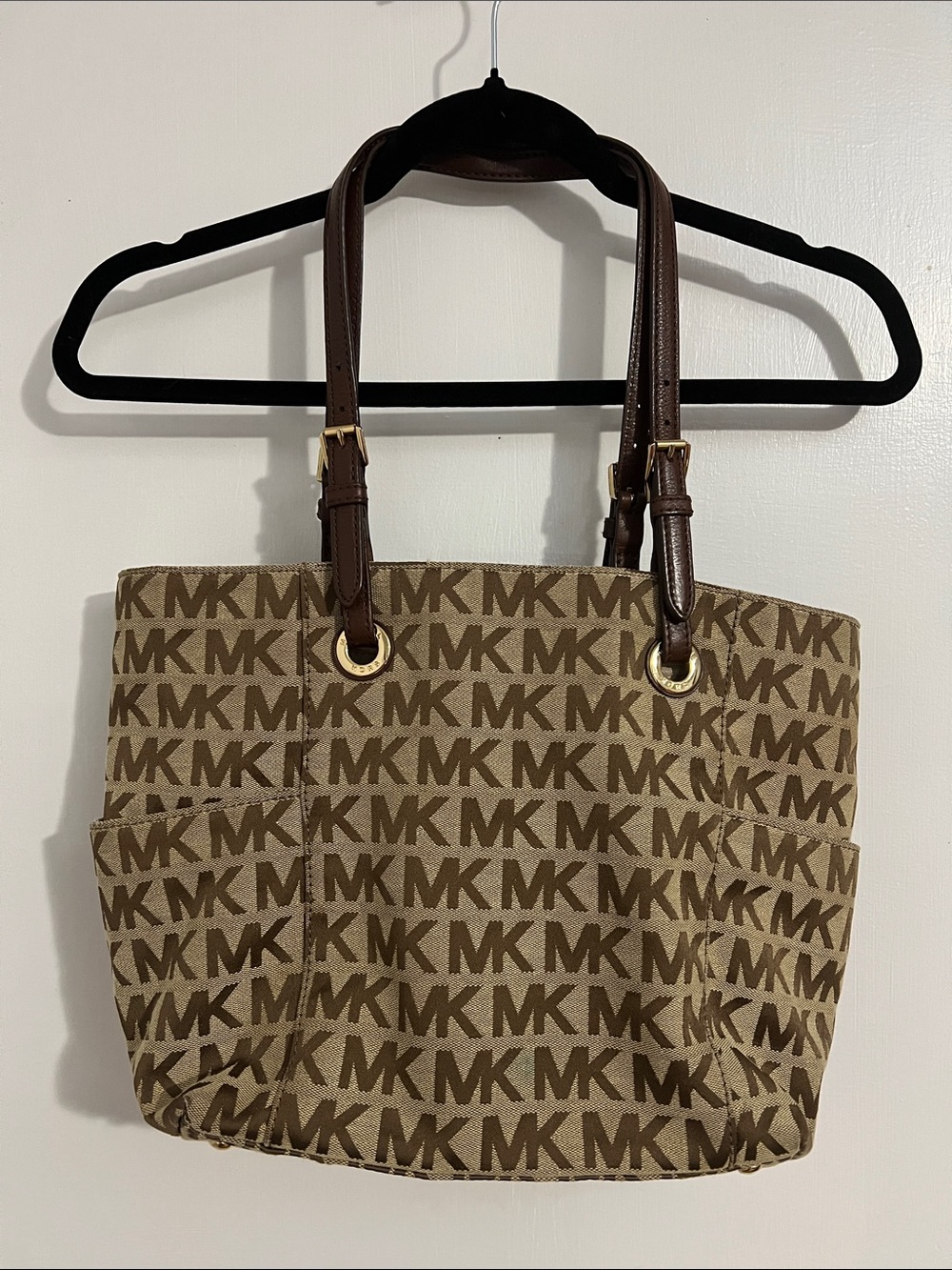 Michael Kors Brown MK Logo Canvas Tote with Dark Brown Leather Straps